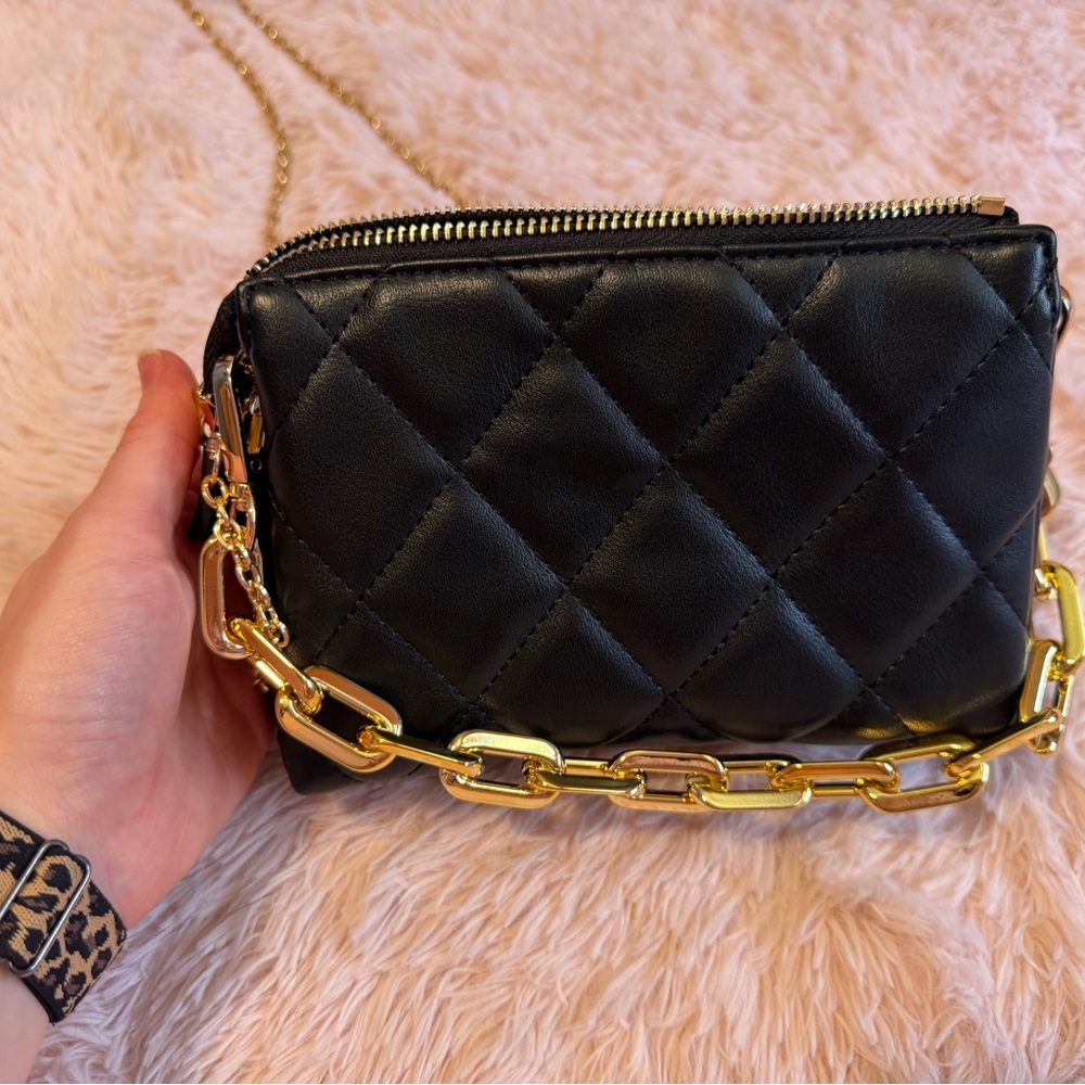 Black Quilted Chain Crossbody Bag - Gold Hardware